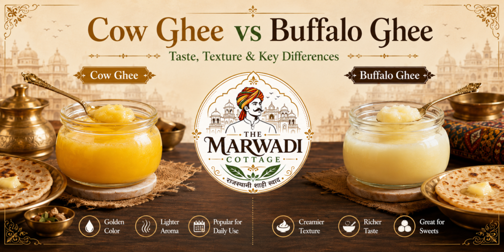 Cow Ghee vs Buffalo Ghee comparison by The Marwadi Cottage – taste, texture and key differences